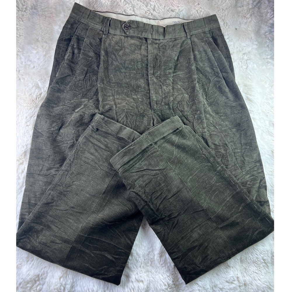Nautica Mens Pleated Corduroy Pants 36x30 Olive Green Cuffed V566 Trousers. A28
